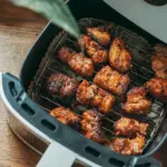 Crispy chicken pieces cooked in modern air fryer, ready to serve