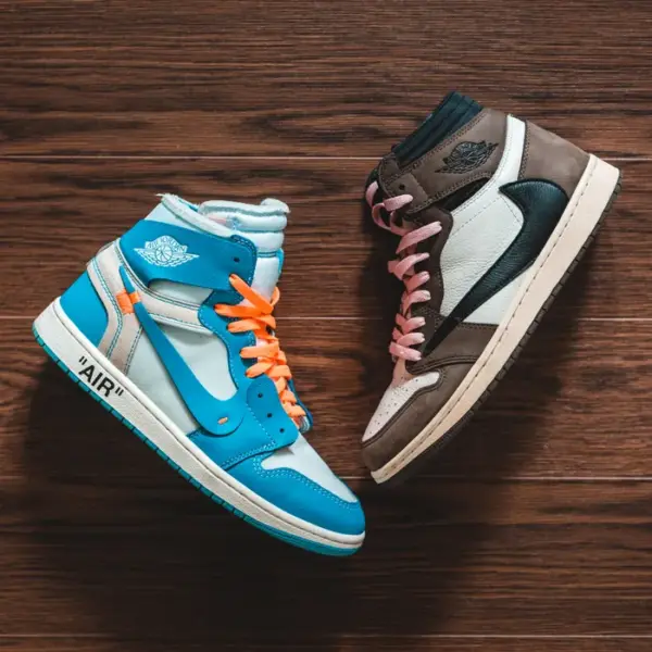 Brown and blue casual sneakers on wooden floor, vibrant colorway
