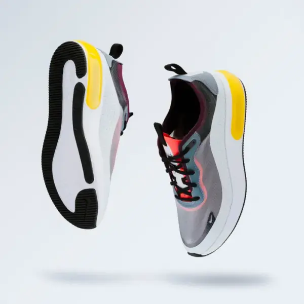 Close-up photo of sneakers on white background, studio product shot